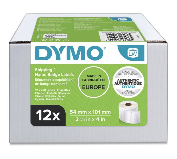 Dymo DYMO Original LabelWriter Versandetiketten/-Namensschilder (Groß) | 54 mm x 101 mm | 12 Rollen mit je 220 leicht ablösbaren Etiketten (2.640 Etiketten) | für LabelWriter Etikettendrucker f&uuml;r 198,99 Euro