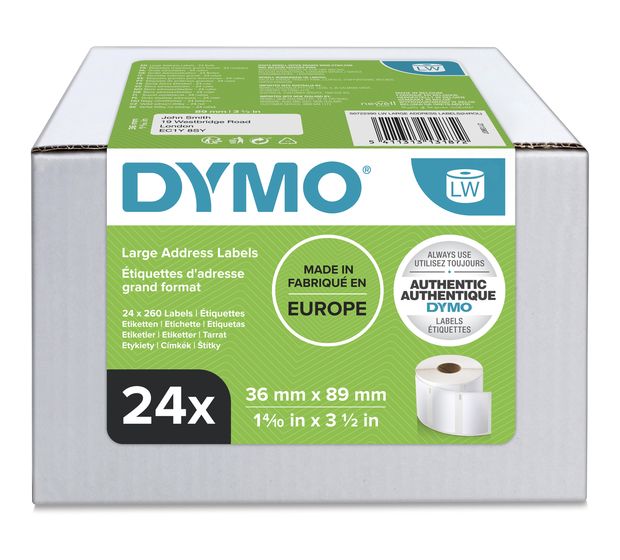 Dymo DYMO Original LabelWriter Adressetiketten (Groß) | 36 mm x 89 mm | 24 Rollen mit je 260 leicht ablösbaren Etiketten (6.240 Etiketten) | selbstklebende Etiketten | für LabelWriter-Beschriftungsgerät f&uuml;r 244,99 Euro