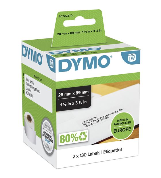 Dymo DYMO Original LabelWriter Adressetiketten | 28 mm x 89 mm | schwarz auf weiß | 2 Rollen mit je 130 leicht ablösbaren Etiketten (260 Etiketten) | selbstklebend | für LabelWriter Etikettendrucker f&uuml;r 18,49 Euro