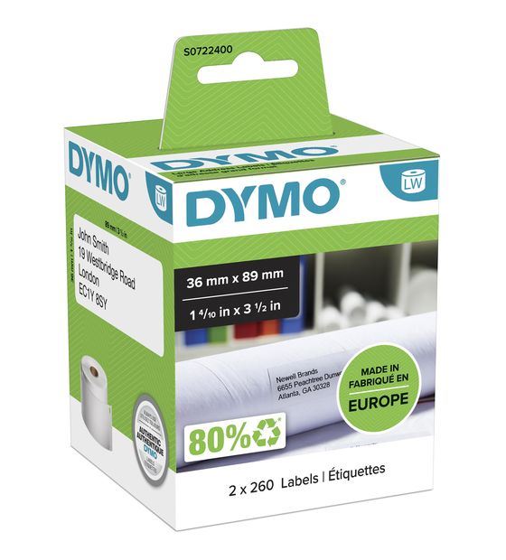 Dymo DYMO Original LabelWriter Adressetiketten (Groß) | 36 mm x 89 mm | schwarzer Druck auf weißem Untergrund | 2 Rollen mit je 260 Etiketten (520 Stück) | selbstklebend | für LabelWriter Etikettendrucke f&uuml;r 30,99 Euro