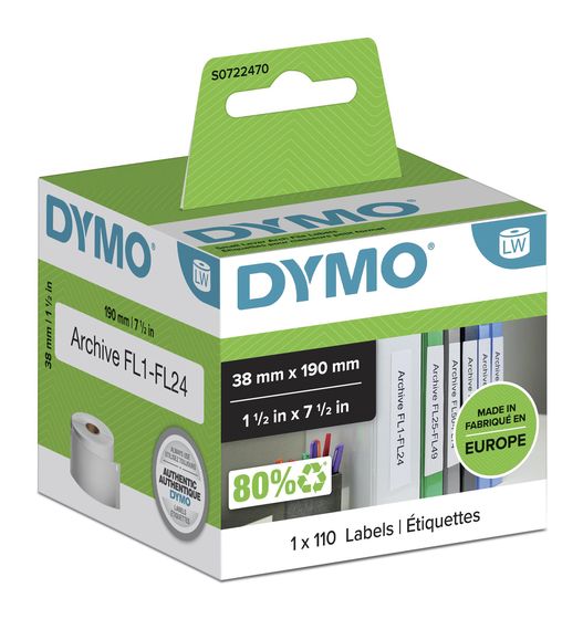Dymo DYMO Original LabelWriter-Ordner-Etiketten | 38 mm x 190 mm | Rolle mit 110 leicht ablösbaren Etikettenband | selbstklebend | für LabelWriter Etikettendrucker und Beschriftungsgerät f&uuml;r 29,49 Euro
