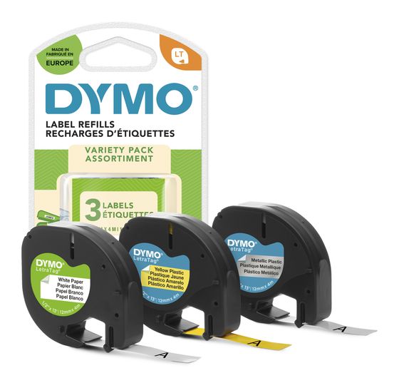 Dymo DYMO Original LetraTag Etikettenband | Papier/Kunststoff/Metall | 12 mm x 4 m | selbstklebendes Etiketten | für LetraTag-Beschriftungsgerät | 3 Etikettenkassetten f&uuml;r 20,49 Euro