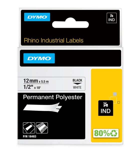 Dymo DYMO Rhino Industrie Permanente Polyesteretiketten | 12 mm x 5,5 m | Schwarz auf Weiß | selbstklebendes Schriftband | für DYMO Rhino und LabelManager Beschriftungsgerät f&uuml;r 20,58 Euro