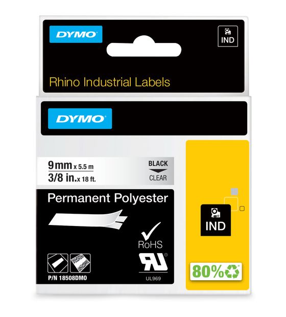 Dymo DYMO Rhino Industrie Permanente Polyesteretiketten | 9 mm x 5,5 m | Schwarz auf Transparent | selbstklebendes Schriftband | für DYMO Rhino und LabelManager Beschriftungsgerät f&uuml;r 19,98 Euro