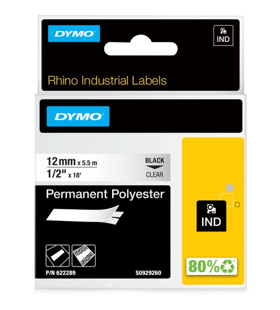 Dymo DYMO Rhino Industrie Permanente Polyesteretiketten | 12 mm x 5,5 m | Schwarz auf Transparent | selbstklebendes Schriftband | für DYMO Rhino und LabelManager Beschriftungsgerät f&uuml;r 20,58 Euro