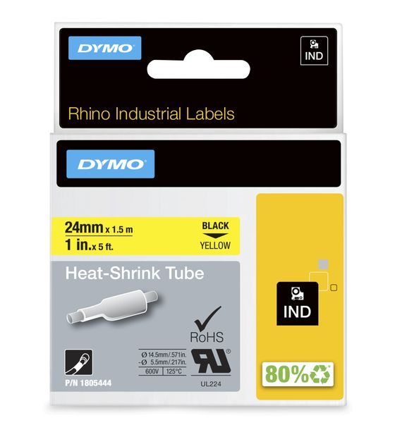 Dymo DYMO Rhino Industrie Schrumpfschlauch-Kabeletiketten | 24 mm1,5 m | Schwarz auf gelb | für DYMO Rhino Beschriftungsgerät f&uuml;r 44,97 Euro