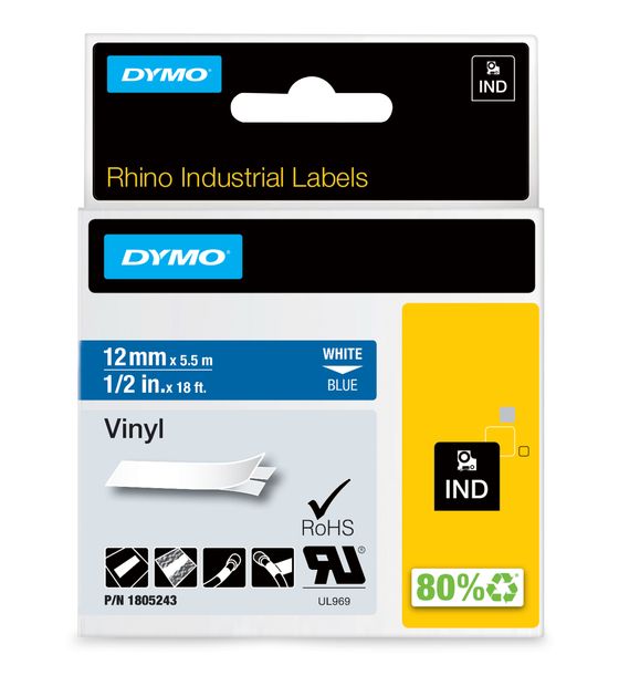 Dymo DYMO Rhino-Industrie-Vinyletiketten | 12 mm x 5,5 m | weiß auf blau | selbstklebendes Schriftband f&uuml;r 20,58 Euro