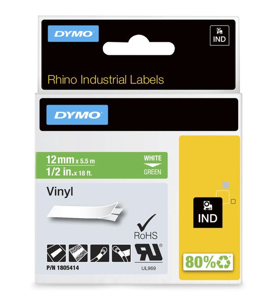 Dymo DYMO Rhino-Industrie-Vinyletiketten | 12 mm x 5,5 m | weiß auf grün | selbstklebendes Schriftband f&uuml;r 20,58 Euro