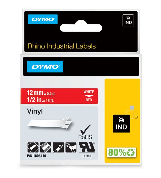 Dymo DYMO Rhino-Industrie-Vinyletiketten | 12 mm x 5,5 m | weiß auf rot | selbstklebendes Schriftband | für DYMO Rhino und LabelManager Beschriftungsgerät f&uuml;r 20,58 Euro