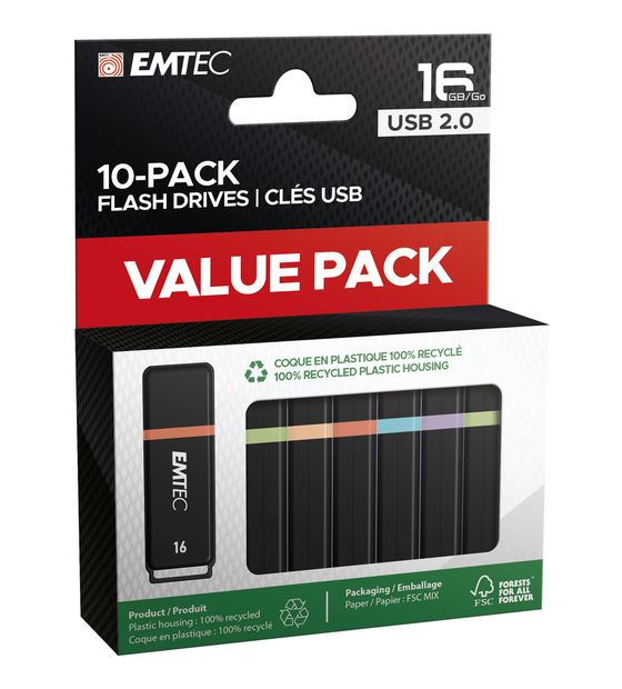 Emtec K100 10 Stück USB Typ-A Stick 16 GB  (Schwarz, Mehrfarbig) f&uuml;r 58,99 Euro