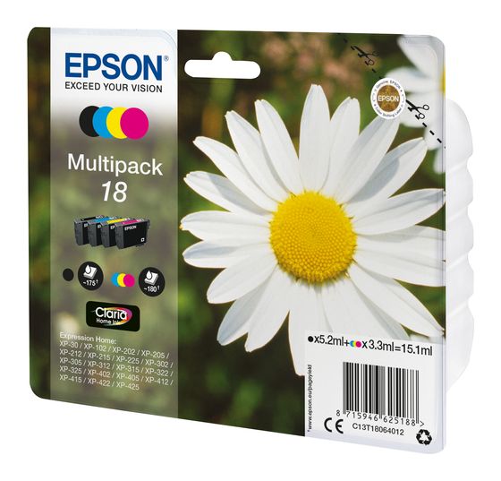 Epson 18 C13T18064012 originale Druckerpatronen Schwarz, Cyan, Magenta, Gelb 5,2 ml 3,3 ml 175 Seiten f&uuml;r 54,49 Euro
