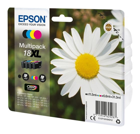 Epson 18XL C13T18164012 originale Druckerpatronen Schwarz, Cyan, Magenta, Gelb 11,5 ml 6,6 ml 470 Seiten f&uuml;r 93,99 Euro