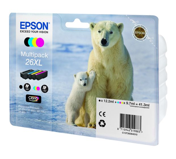 Epson 26XL C13T26364010 originale Druckerpatronen Schwarz, Cyan, Magenta, Gelb 12,2 ml 9,7 ml f&uuml;r 100,99 Euro