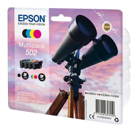 Epson 502 C13T02V64010 originale Druckerpatronen Schwarz, Cyan, Magenta, Gelb 4,6 ml 3,3 ml 210 Seiten f&uuml;r 56,49 Euro