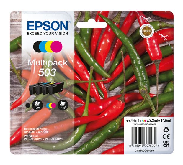 Epson 503 C13T09Q64010 originale Druckerpatronen Schwarz, Cyan, Magenta, Gelb 4,6 ml 3,3 ml 210 Seiten f&uuml;r 54,49 Euro