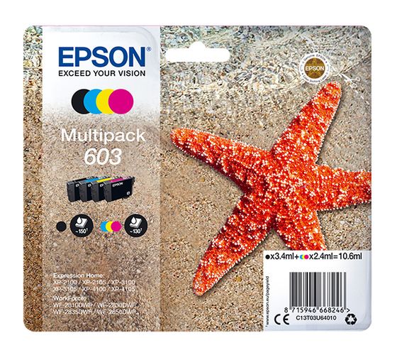 Epson 603 C13T03U64010 originale Druckerpatronen Schwarz, Cyan, Magenta, Gelb 3,4 ml 2,4 ml 150 Seiten f&uuml;r 46,99 Euro