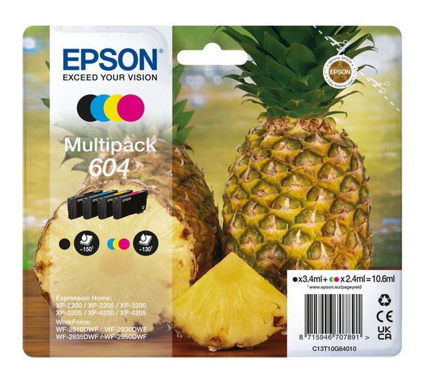 Epson 604 C13T10G64010 originale Druckerpatronen Schwarz, Cyan, Magenta, Gelb 3,4 ml 2,4 ml 150 Seiten f&uuml;r 48,99 Euro