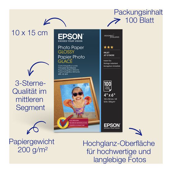 Epson Epson Glossy Photo Paper (100 x 150 mm), 200 g/m2, 100 Blatt f&uuml;r 12,99 Euro