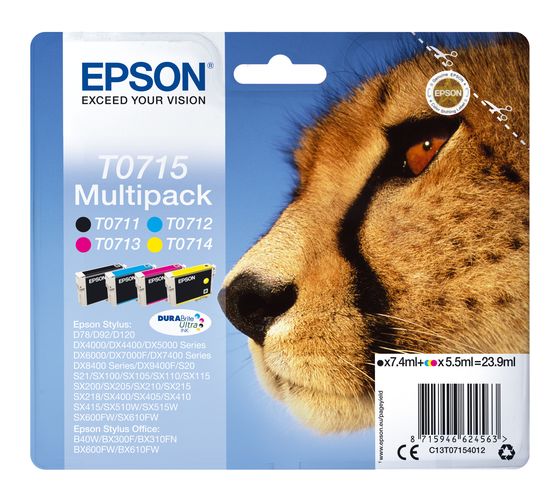 Epson T0715 C13T07154012 originale Druckerpatronen Schwarz, Cyan, Magenta, Gelb 7,4 ml 5,5 ml f&uuml;r 63,49 Euro