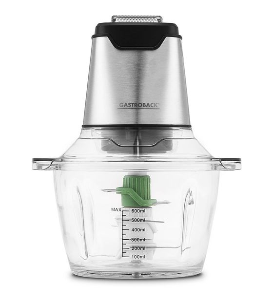 Gastroback 40961 Design Mini Chopper Plus Zerkleinerer 400 W 6 Klingen 0,6 l Glas Behälter (Edelstahl, Transparent) f&uuml;r 39,99 Euro