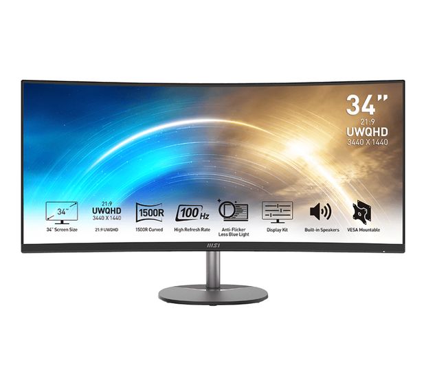 MSI Pro MP341CQDE Quad HD Monitor 86,4 cm (34 Zoll) 21:9 4 ms 300 cd/m²  (Schwarz) f&uuml;r 349,00 Euro