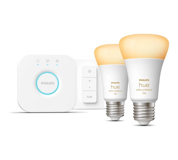 Philips Hue White Ambience Starterset: E27 Lampe A60 Doppelpack + Dimmschalter LED Set für intelligente Beleuchtung 1100 mm Warmweiß, Kaltweiße f&uuml;r 119,99 Euro