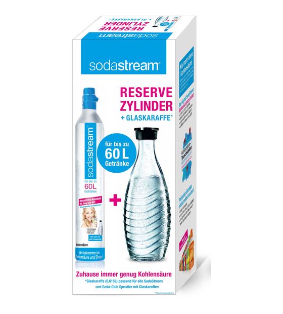 SodaStream 1100065490 Reserve-Zylinder 60l + Glaskaraffe Glas, Kunststoff, Edelstahl Karbonisiererflasche + Karbonisierer-Ladegerät f&uuml;r 39,99 Euro