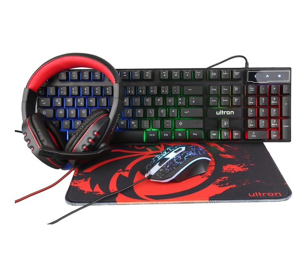Ultron Hawk Gaming Set 4in1 LED Gaming Tastatur  (Schwarz, Rot, Weiß) f&uuml;r 29,99 Euro