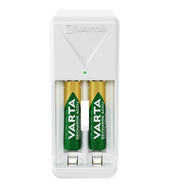 Varta Akku Ladegerät, inkl. 2X AA 2100mAh, Batterieladegerät für wiederaufladbare Batterien, lädt 2 AA/AAA gleichzeitig, Mini Charger, weiß f&uuml;r 11,99 Euro