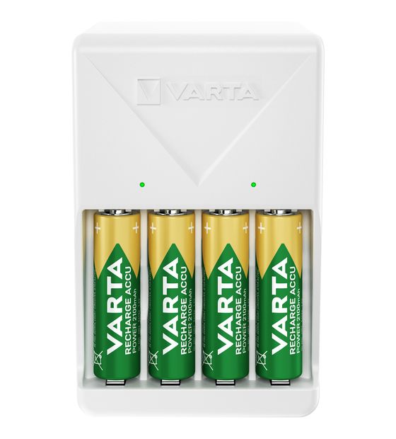 Varta Akku Ladegerät, inkl. 4X AA 2100mAh, Batterieladegerät für wiederaufladbare Batterien, lädt 2 oder 4 AA/AAA gleichzeitig, Plug Charger, weiß f&uuml;r 21,99 Euro