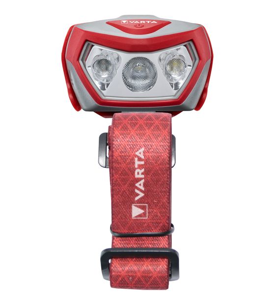 Varta Stirnlampe LED inkl. 3x AAA Batterien Kopflampe, Outdoor Sports H20 Pro, drei Leuchtmodi, spritzwassergeschützt, Dimmfunktion, mit schwenkbarem Kopf, rot f&uuml;r 12,97 Euro