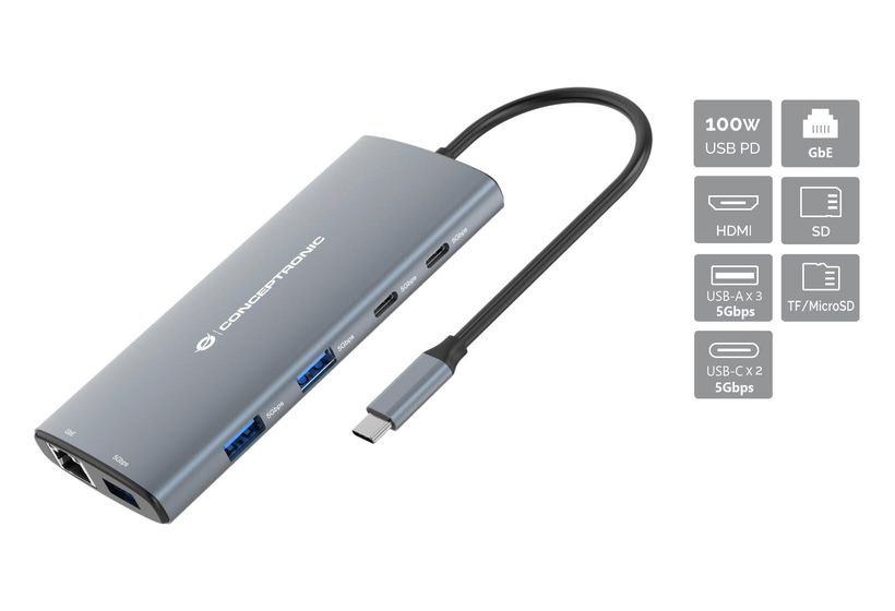 Conceptronic DONN06G 10-in-1 USB 3.2 Gen 1 Dockingstation, HDMI, 100W USB PD, USB-C 5Gbps x 2, USB-A 5Gbps x 3, SD, TF/MicroSD, GbE f&uuml;r 53,99 Euro