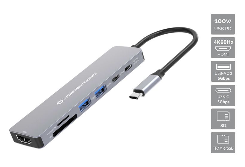 Conceptronic DONN28G 7-in-1 USB 3.2 Gen 1 Dockingstation, 4K60Hz HDMI, USB-A 5Gbps x 2, USB-C 5Gbps, SD, TF/MicroSD, 100W USB PD f&uuml;r 38,99 Euro
