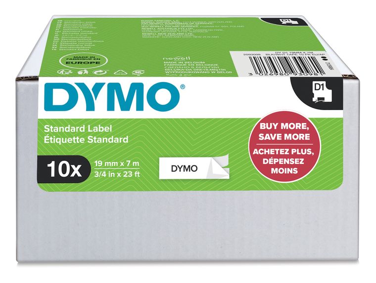Dymo DYMO Original D1-Etikettenband | schwarz auf weiß | 19 mm x 7 m | selbstklebendes Schriftband | für LabelManager-Beschriftungsgerät | 10 D1 Etikettenkassetten f&uuml;r 188,99 Euro
