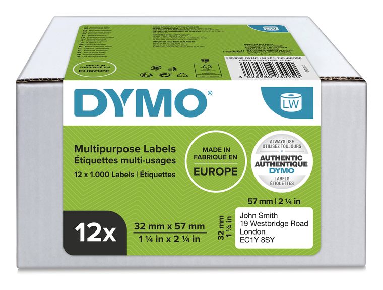 Dymo DYMO Original LabelWriter Mehrzwecketiketten | 32 mm x 57 mm | 12 Rollen mit je 1.000 leicht ablösbaren Etiketten (12.000 Etiketten) | selbstklebende Etiketten| für LabelWriter-Beschriftungsgerät f&uuml;r 242,99 Euro