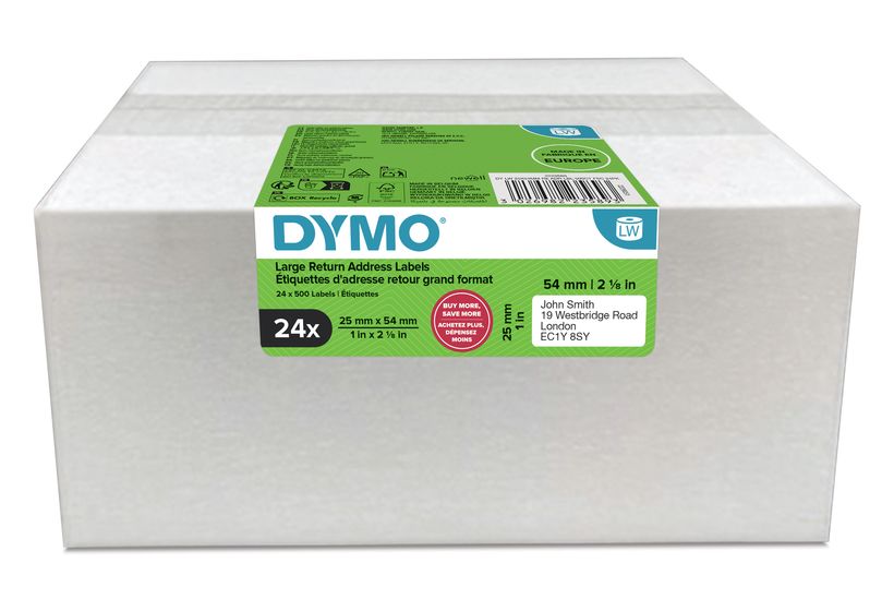 Dymo DYMO Original LabelWriter Rücksendeadressetiketten | 25mm x 54mm | 24 Rollen mit je 500 leicht ablösbaren Etiketten (12.000 Stück) | selbstklebend | Beschriftungsgerät für LabelWriter Etikettendrucker f&uuml;r 185,99 Euro