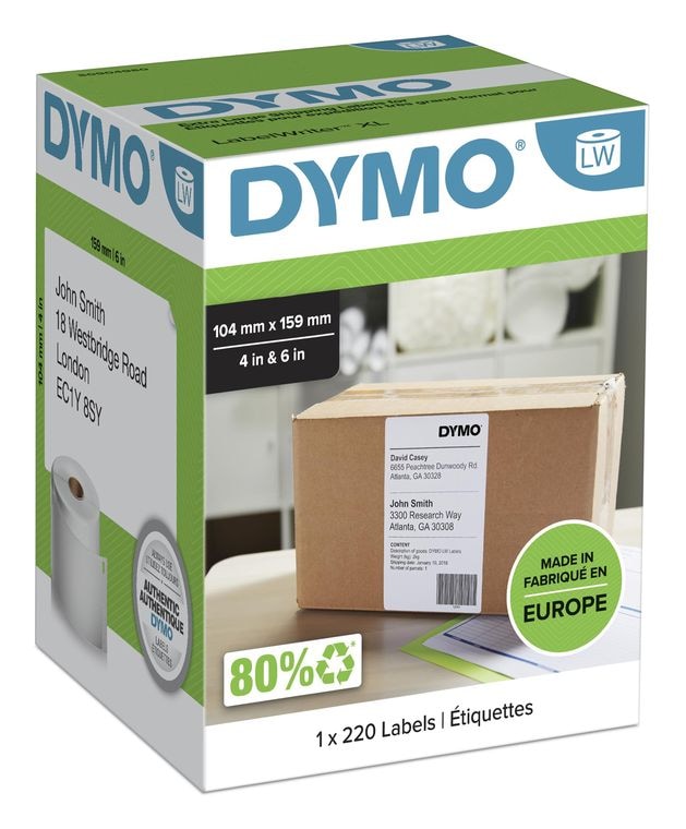 Dymo DYMO Original LabelWriter Versandetiketten (Extragroß) für LabelWriter 5XL/4XL-Etikettendrucker | 104 mm x 159 mm | Rolle mit 220 Etiketten | selbstklebend | für LabelWriter Beschriftungsgerät f&uuml;r 31,99 Euro