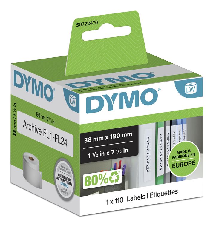 Dymo DYMO Original LabelWriter-Ordner-Etiketten | 38 mm x 190 mm | Rolle mit 110 leicht ablösbaren Etikettenband | selbstklebend | für LabelWriter Etikettendrucker und Beschriftungsgerät f&uuml;r 29,49 Euro