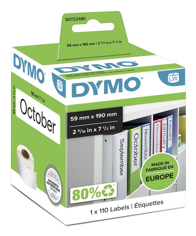 Dymo DYMO Original LabelWriter-Mehrzwecketiketten/große Ordnerrücken-Etiketten | 59 mm x 190 mm | Rolle mit 110 leicht ablösbaren Etiketten | selbstklebend | für LabelWriter Etikettendrucker f&uuml;r 33,99 Euro