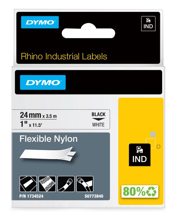 Dymo DYMO Rhino Industrie Nylonetiketten | flexibel | 24 mm x 3,5 m | schwarze Schrift auf weißem Untergrund | selbstklebendes Schriftband f&uuml;r 27,36 Euro