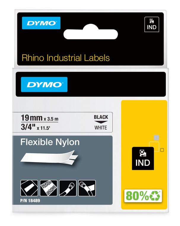 Dymo DYMO Rhino Industrie Nylonetiketten | flexibel | 19 mm x 3,5 m | schwarze Schrift auf weißem Untergrund | selbstklebendes Schriftband f&uuml;r 25,57 Euro