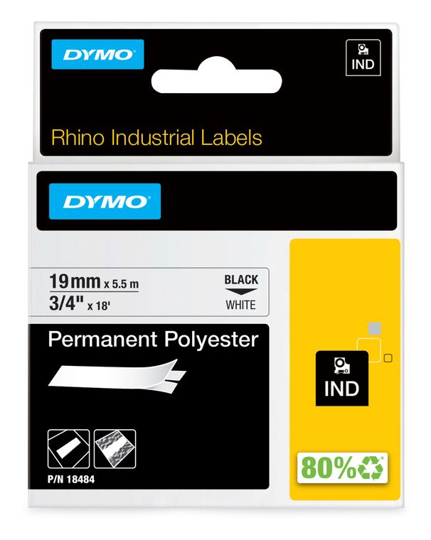 Dymo DYMO Rhino Industrie Permanente Polyesteretiketten | 19 mm x 5,5 m | Schwarz auf Weiß | selbstklebendes Schriftband | für DYMO Rhino und LabelManager Beschriftungsgerät f&uuml;r 23,07 Euro