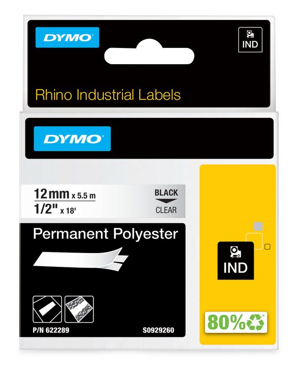 Dymo DYMO Rhino Industrie Permanente Polyesteretiketten | 12 mm x 5,5 m | Schwarz auf Transparent | selbstklebendes Schriftband | für DYMO Rhino und LabelManager Beschriftungsgerät f&uuml;r 20,58 Euro