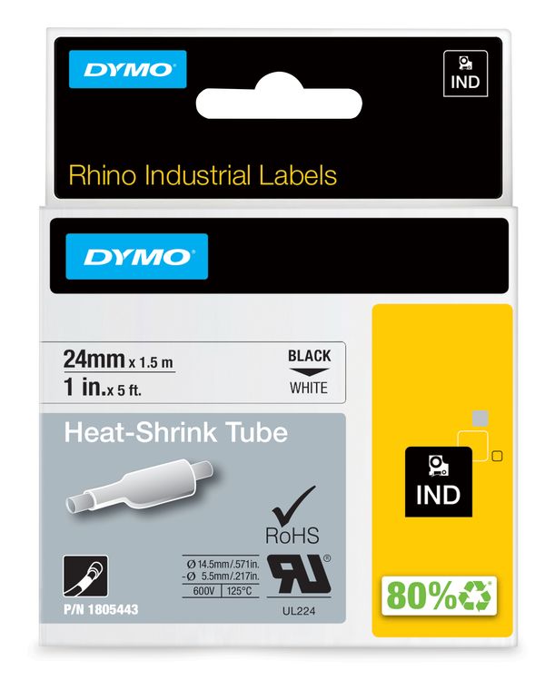 Dymo DYMO Rhino Industrie Schrumpfschlauch-Kabeletiketten | 24 mm x 1,5 m | schwarze Schrift auf weißem Untergrund | selbstklebend f&uuml;r 44,97 Euro
