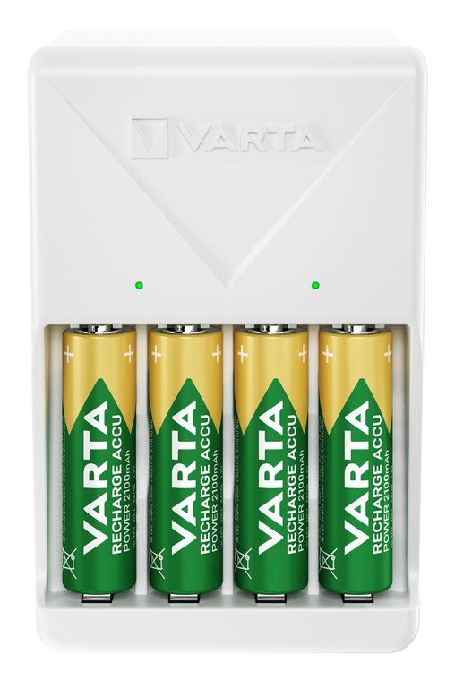 Varta Akku Ladegerät, inkl. 4X AA 2100mAh, Batterieladegerät für wiederaufladbare Batterien, lädt 2 oder 4 AA/AAA gleichzeitig, Plug Charger, weiß f&uuml;r 21,99 Euro
