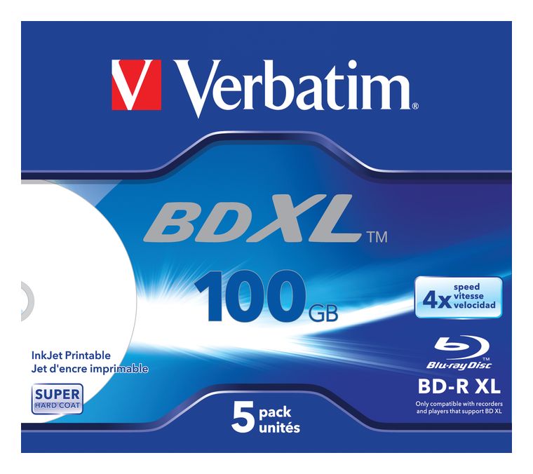 Verbatim BD-R XL 100 GB* 4x, mit Tintenstrahldrucker großflächig bedruckbar, Jewel Case, 5er-Pack für 59,99 Euro